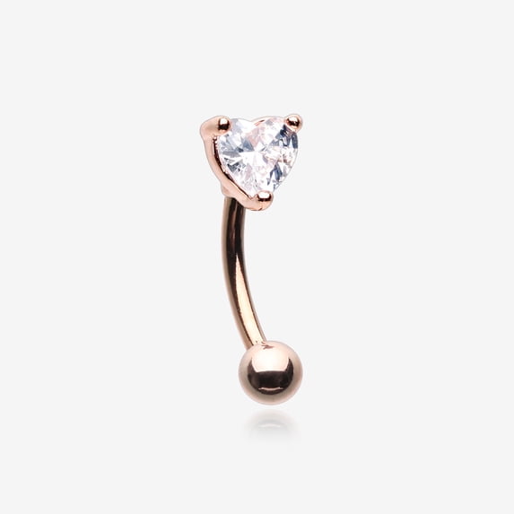 BM25 Rose Gold Heart Gem Sparkle Prong Curved Barbell-Clear Gem
