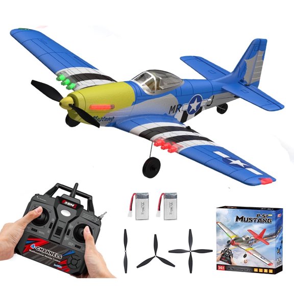 BM26 P-51 Mustang RC Airplane, 4-Channel Remote Control Plane with 2.4GHz Controller, EPP Foam Aircraft, LED Lights, Rechargeable Battery, Easy Flight Control Toy Plane for Kids & Adults