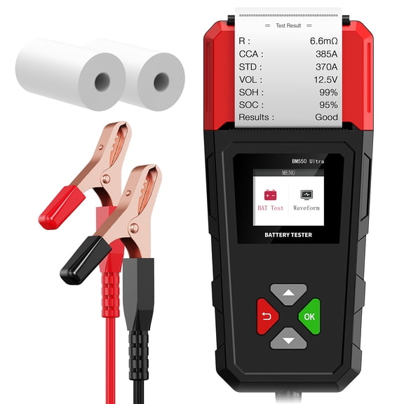 BM550 Ultra Car Battery Tester with Built-in Printer 6V/12V/24V 100-2000CCA Lead-Acid Battery Load Tester 1.8" HD Screen Automotive Digital Battery Voltage Tester
