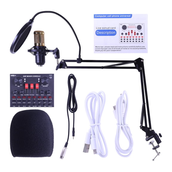 BM800 Condenser Microphone, Professional Recording Studio Microphone with V8S Live Sound Card for Podcasting Streaming Recording, Crystal Clear Sound (Gold