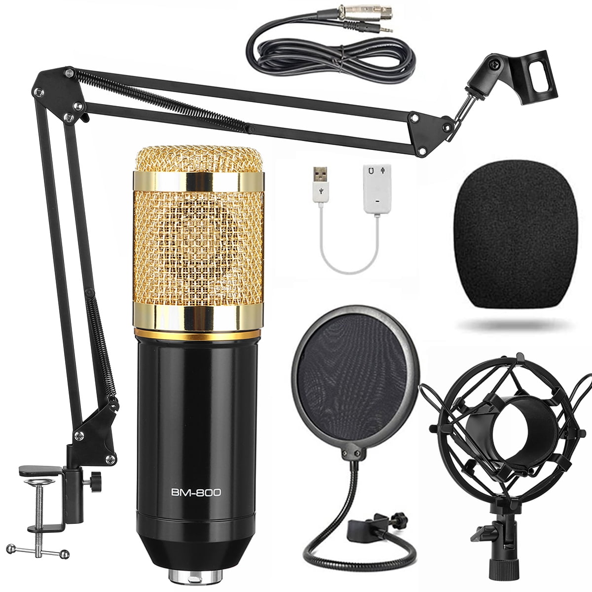 BM800 Condenser Studio Microphone Kits Novashion 8 Pcs/Set, 20 to 20,000 Hz  Mic, 8.2 ft Cable, with Adjustable Mic Stand, USB Sound Adapter, Nylon  Filter, Metal Shock Mount, Windscreen 