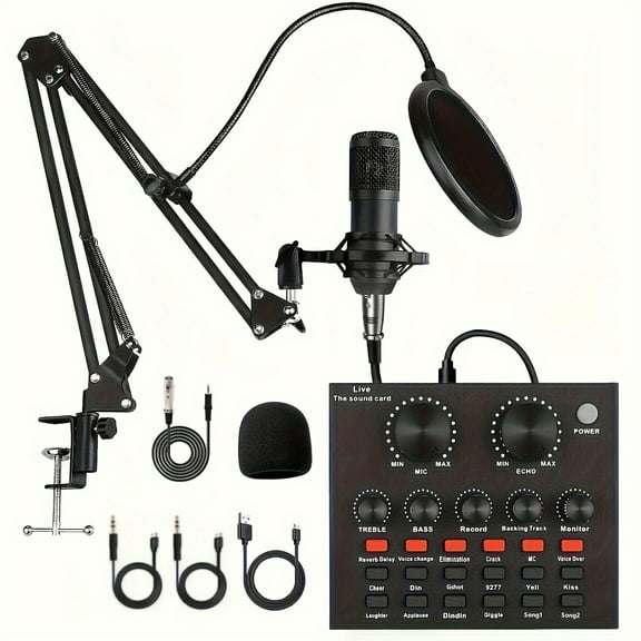BM800 Podcast Microphone And V8 Sound Card - Wired Microphone, Podcast Equipment Bundle - Perfect For Recording, Singing, Streaming, Gaming And Voice Changer - Audio Interface