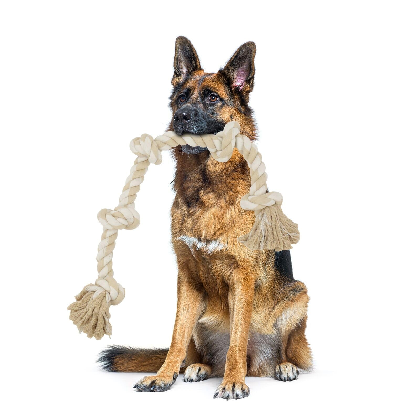 BMAG Dog Rope Toys for Aggressive Chewers, Tug of War Chew Medium Dog Toy with 5 Knot for Teeth Cleaning, Beige