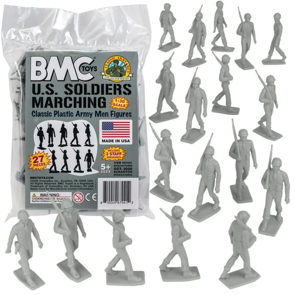 BMC Marx Plastic Army Men Marching US Soldiers - Gray 27pc WW2 Figures Made in US