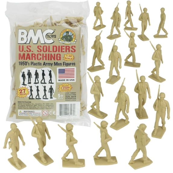 BMC Marx Plastic Army Men Marching US Soldiers - Tan 27pc WW2 Figures Made in US