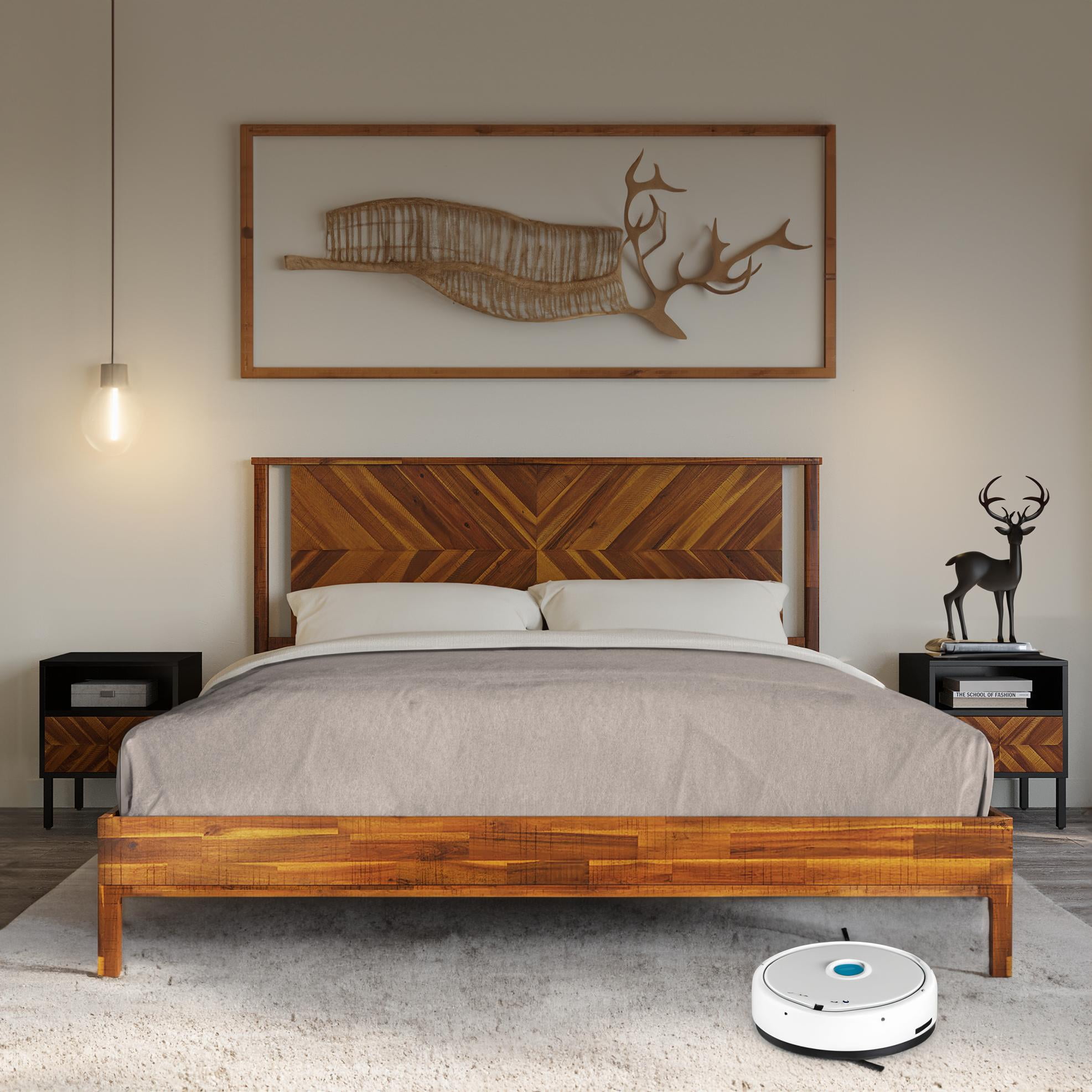 BME 2 Pieces Bright Rustic Collection, Christiana King Wooden Bed Frame with Headboard and Nightstand