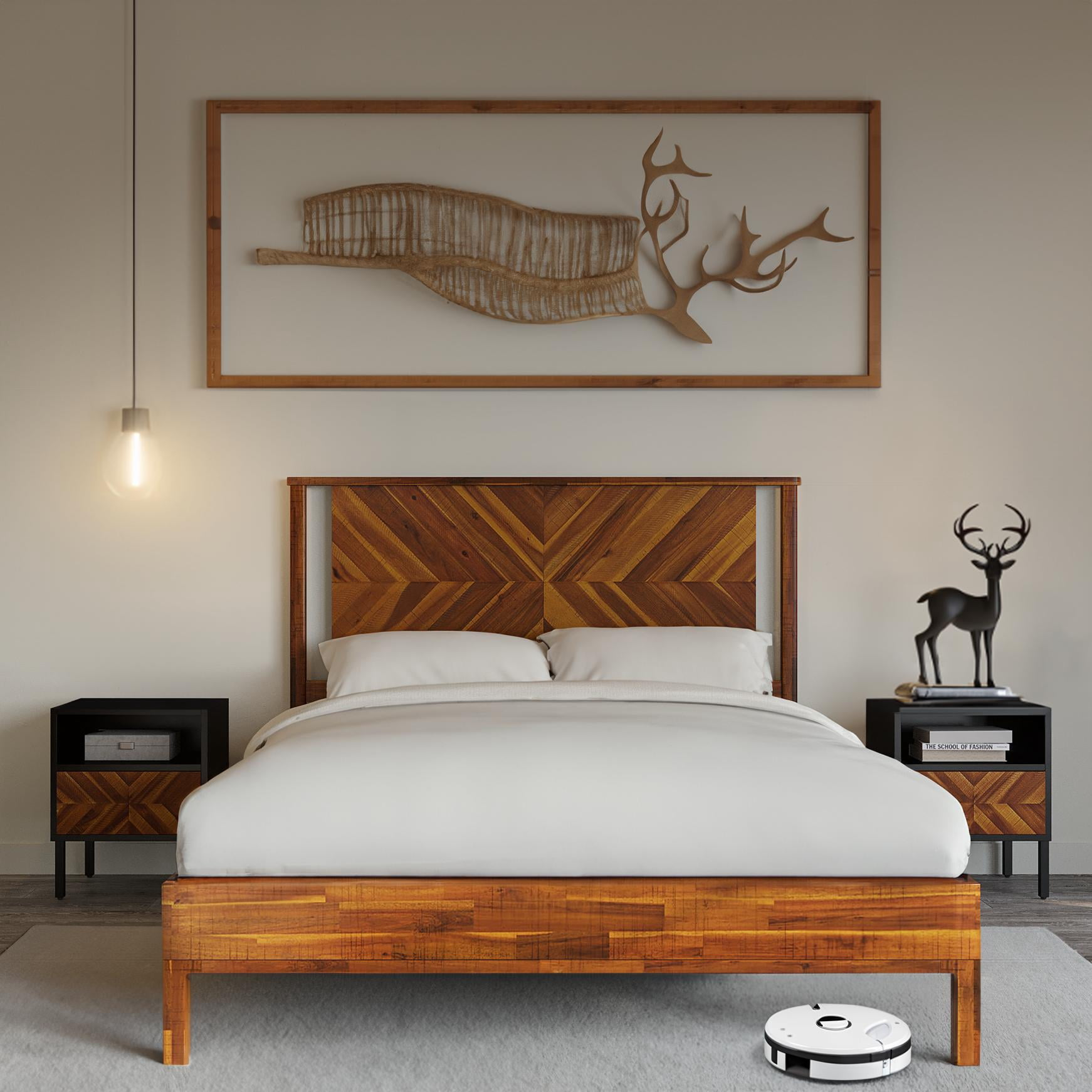BME 2 Pieces Bright Rustic Collection, Christiana Queen Wooden Bed Frame with Headboard and Nightstand