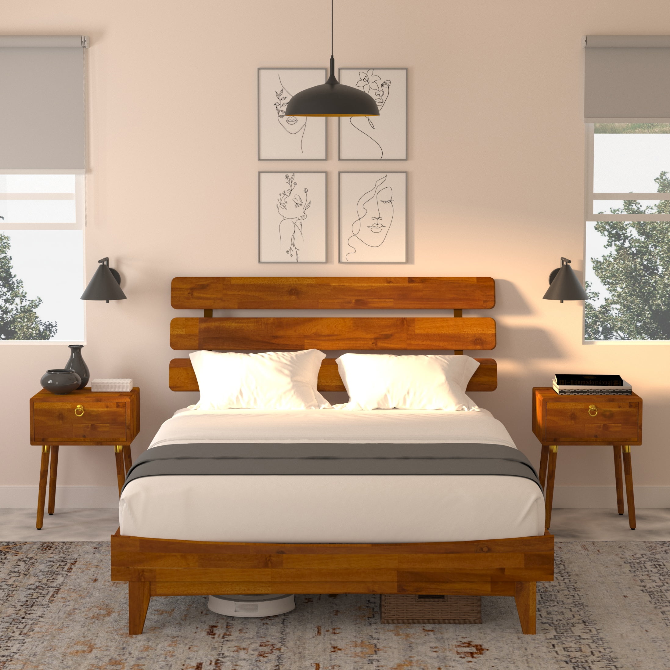 BME 2 Pieces Caramel Mid-Century Collection, Dalen Queen Wooden Bed Frame and Nightstand, Adjustable Headboard