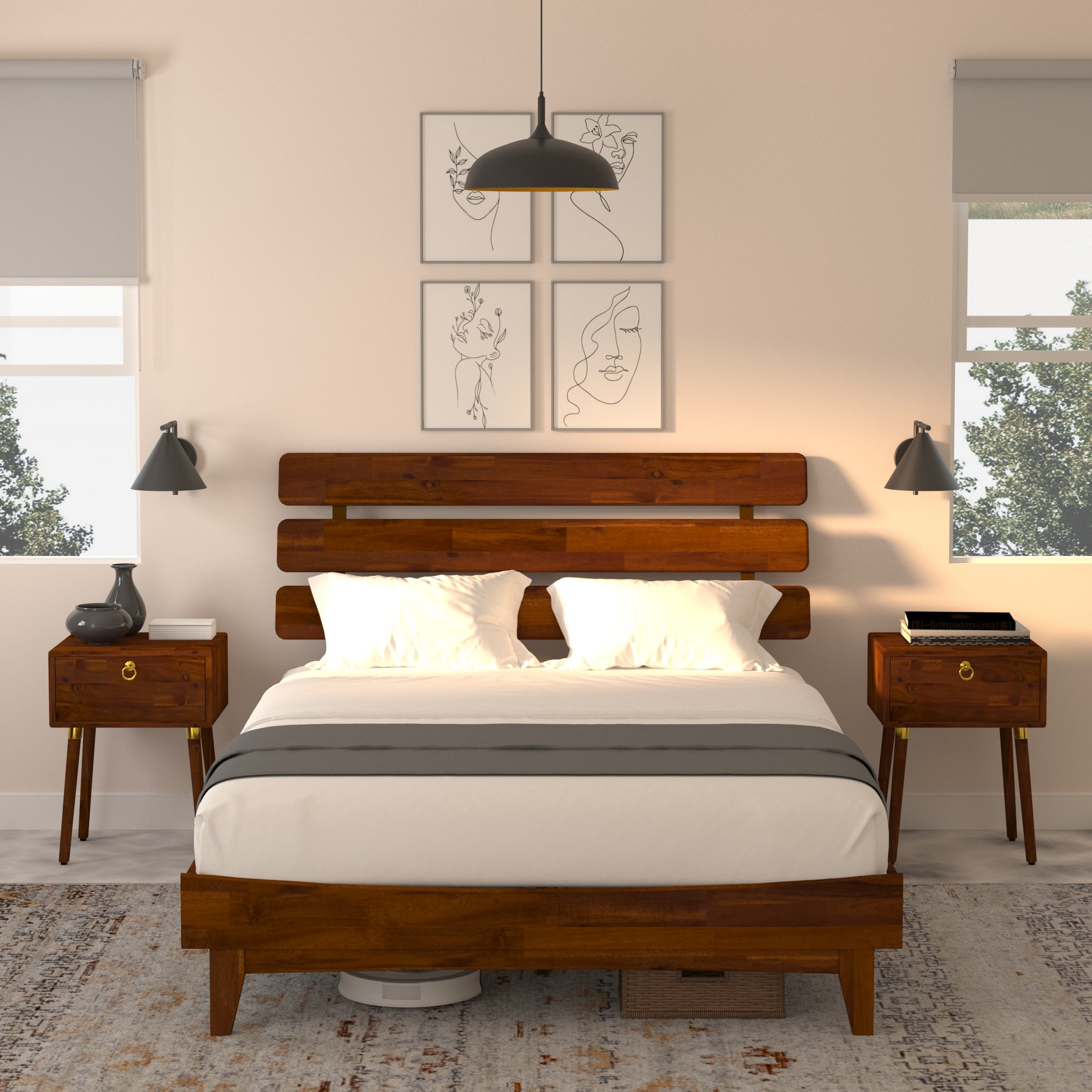 BME 2 Pieces Dark Choco MidCentury Collection, Dalen Queen Wooden Bed