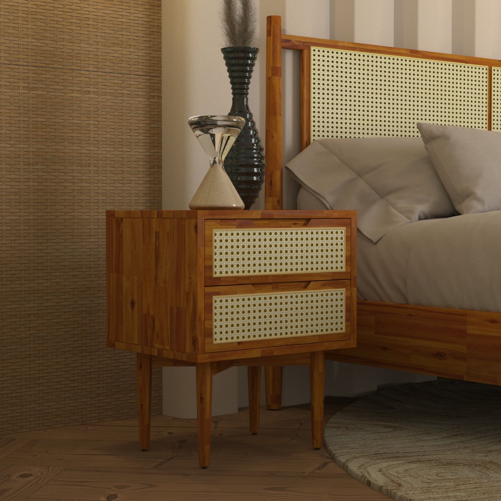 BME Asher Nightstand with 2 Drawers, MidCentury and Bohemian, Solid