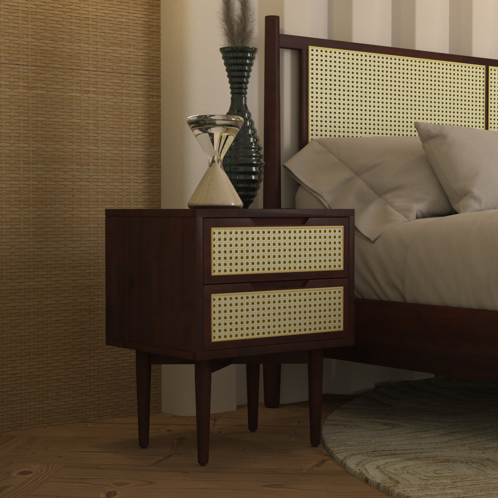 BME Asher Nightstand with 2 Drawers, MidCentury and Bohemian, Solid