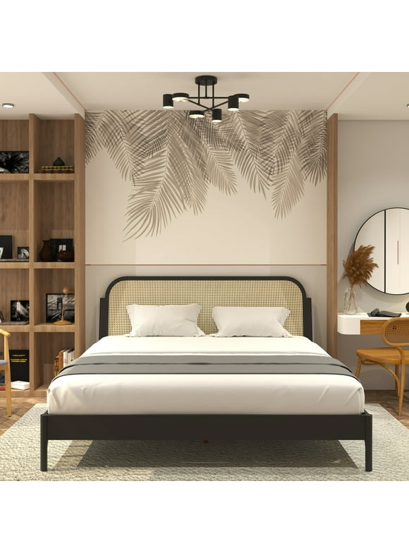BME Aurous 43" King Platform Bed Frame, Rattan Headboard, Bohemian Style, Solid Wood, Black
