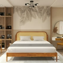 BME Aurous 43" King Platform Bed Frame, Rattan Headboard, Bohemian Style, Solid Wood, Caramel