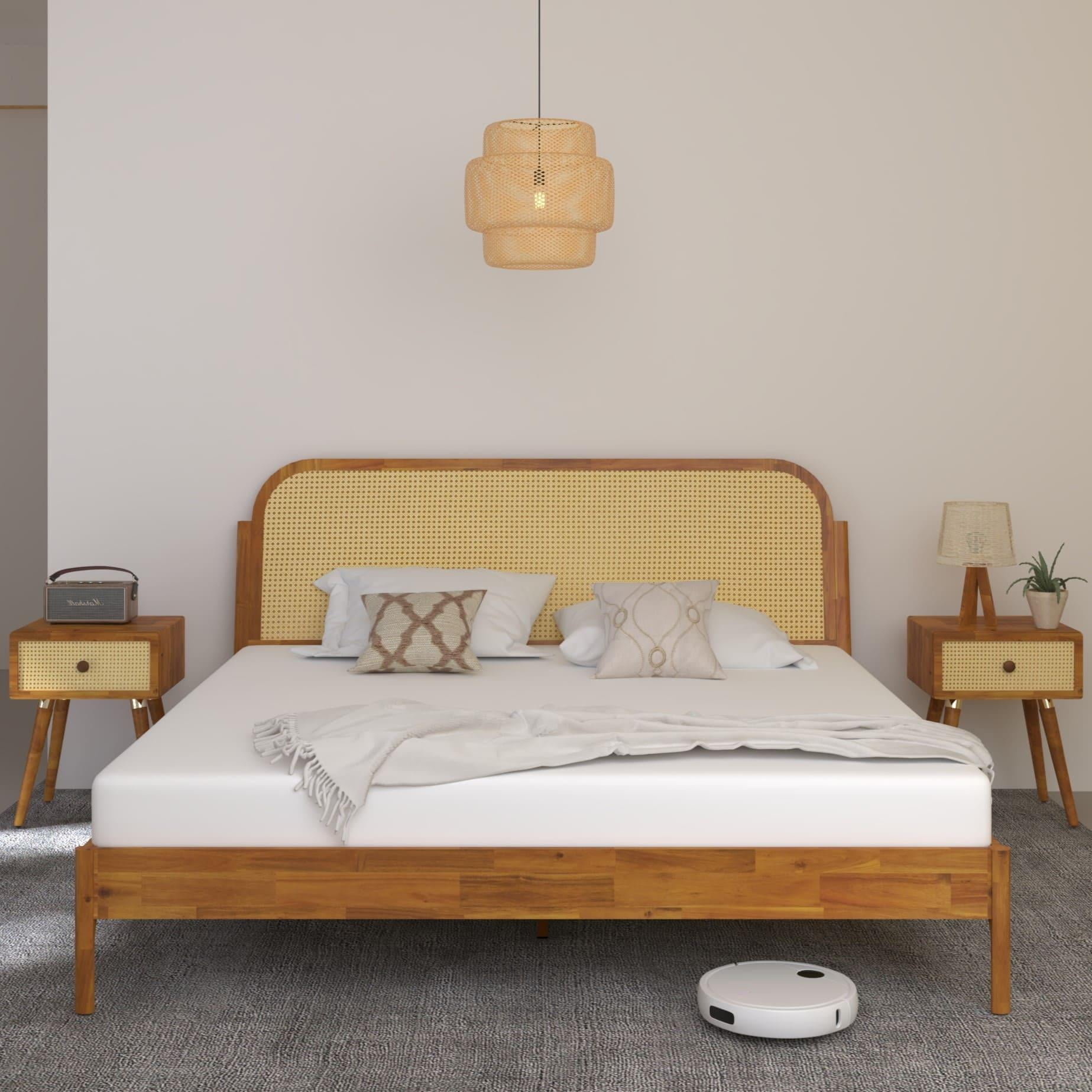 Bme Aurous Bohemian Style 43 inch King Platform Bed Frame with Rattan Headboard Solid Acacia Wood in Caramel