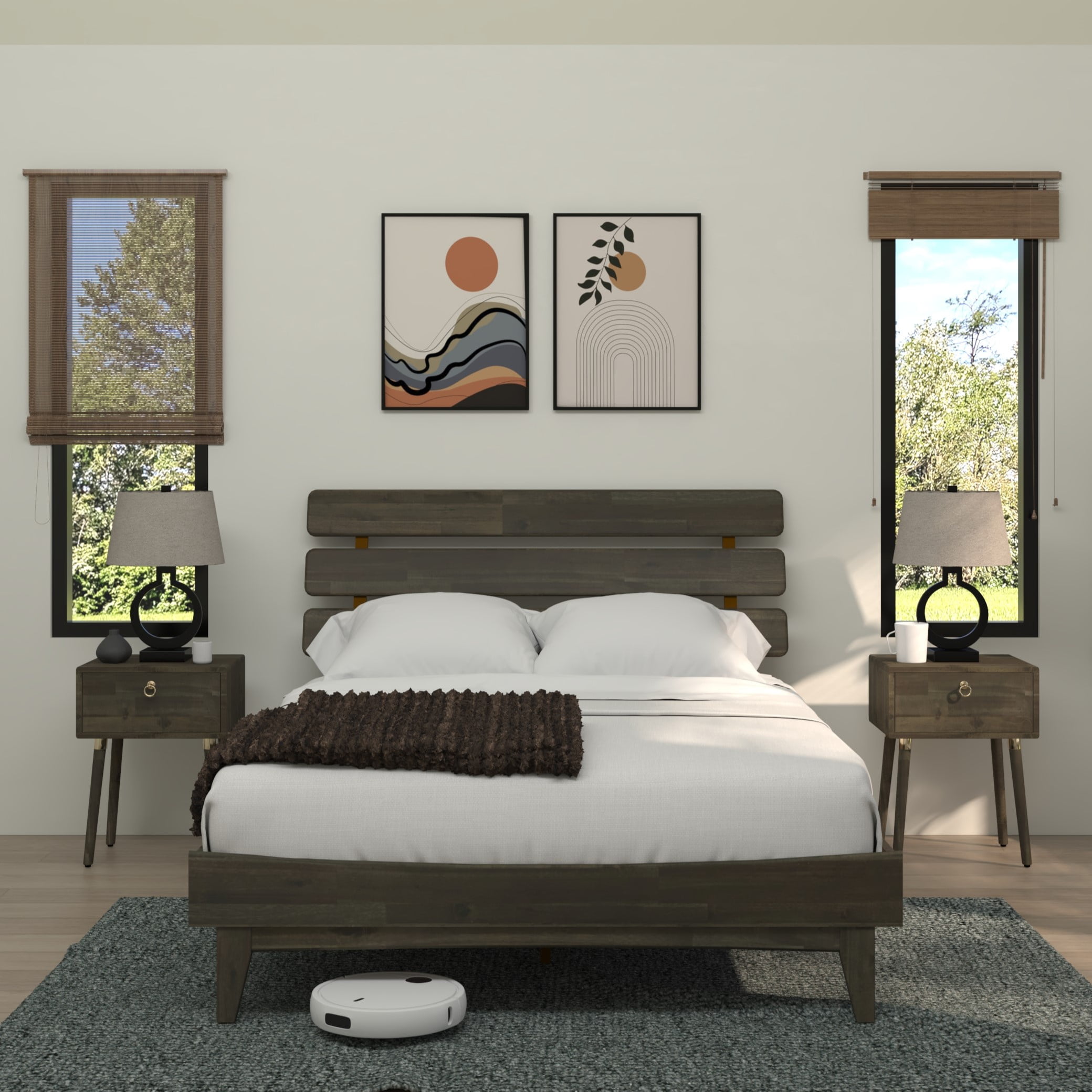 Dalen 45" Bed Frame Queen, Adjustable Headboard, Mid-Century, Solid Wood, Mocha