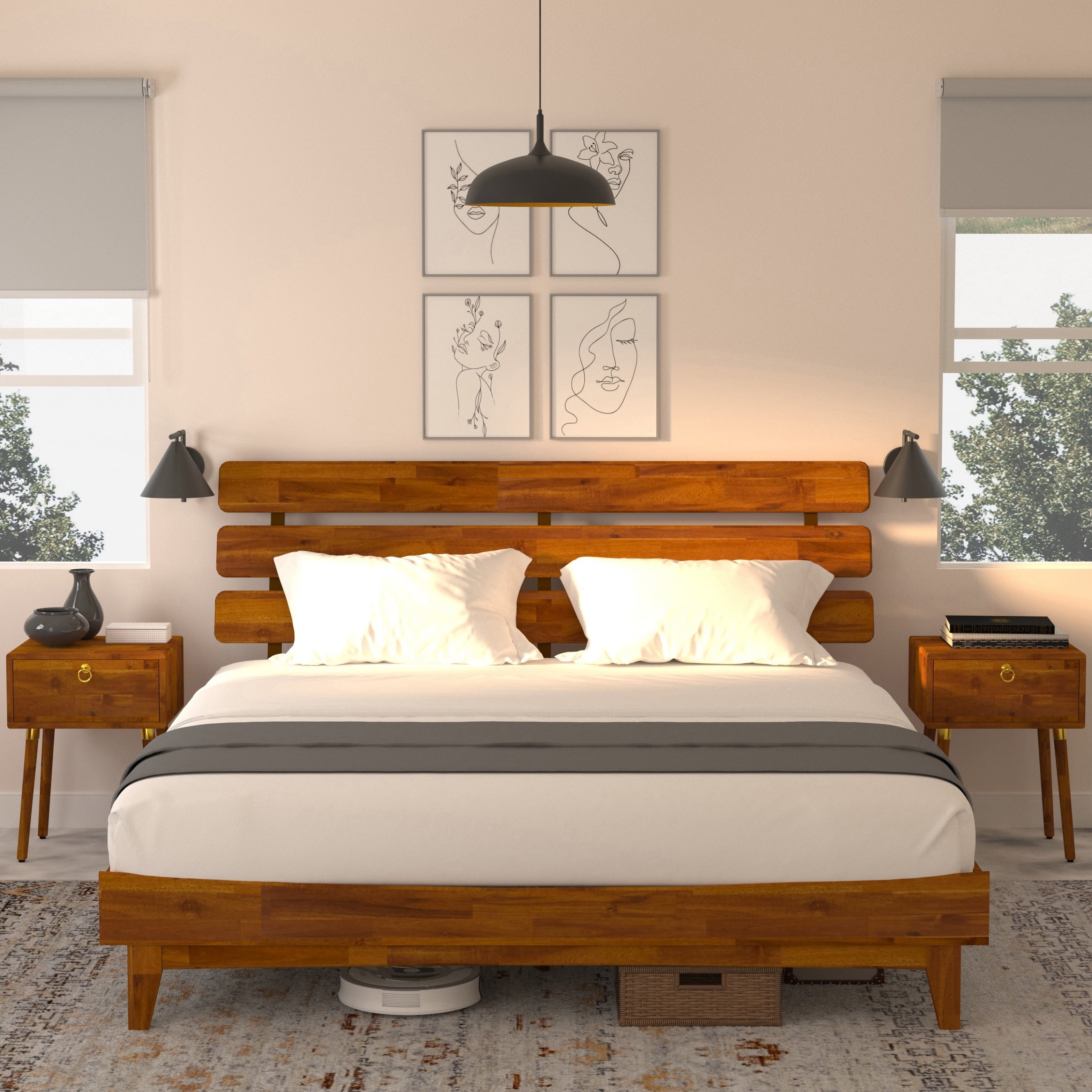 BME Dalen 45" King Bed Frame, Adjustable Headboard, Mid-Century, Solid Wood, Caramel - Walmart.com