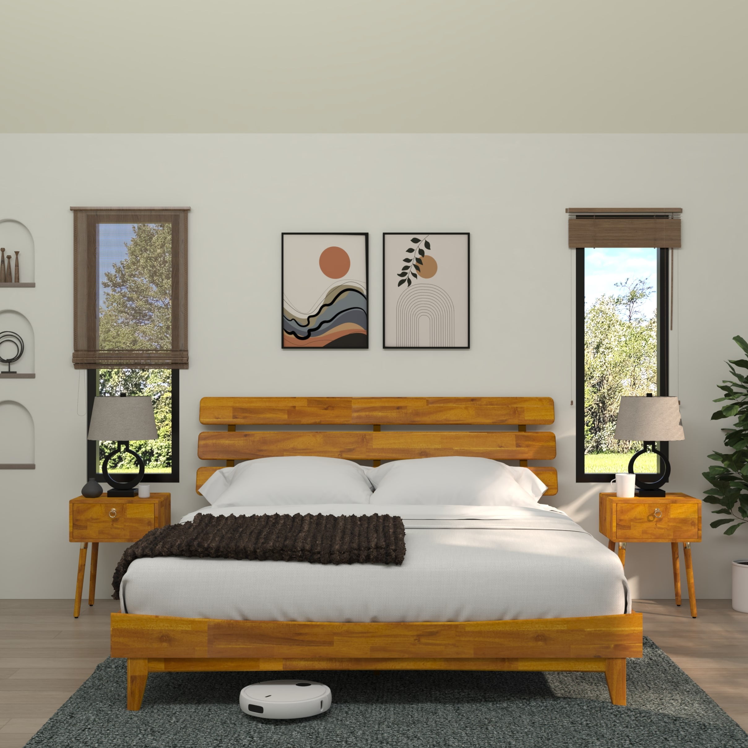 Dalen 45" King Bed Frame, Adjustable Headboard, Mid-Century, Solid Wood, Caramel