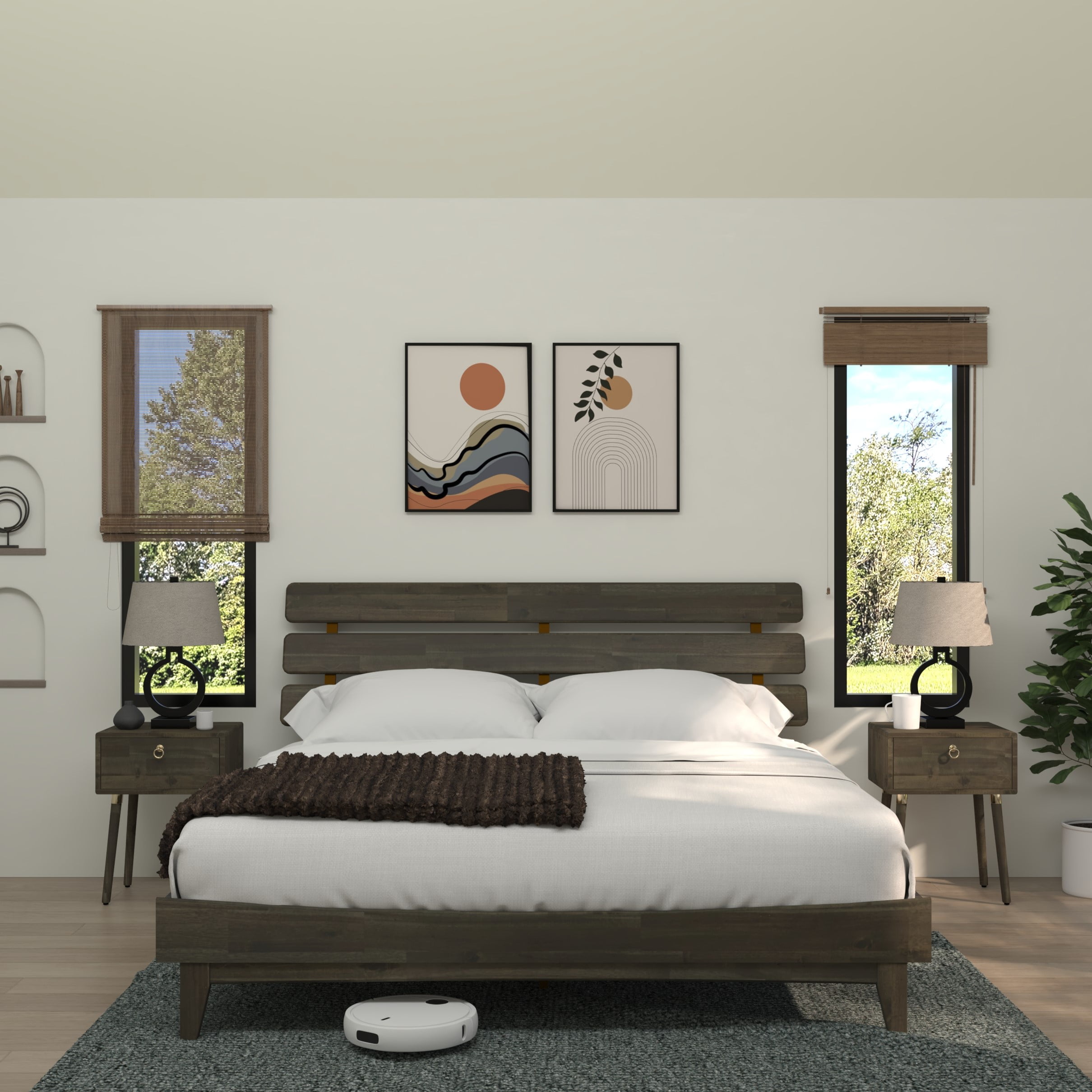 Dalen 45" King Bed Frame, Adjustable Headboard, Mid-Century, Solid Wood, Mocha