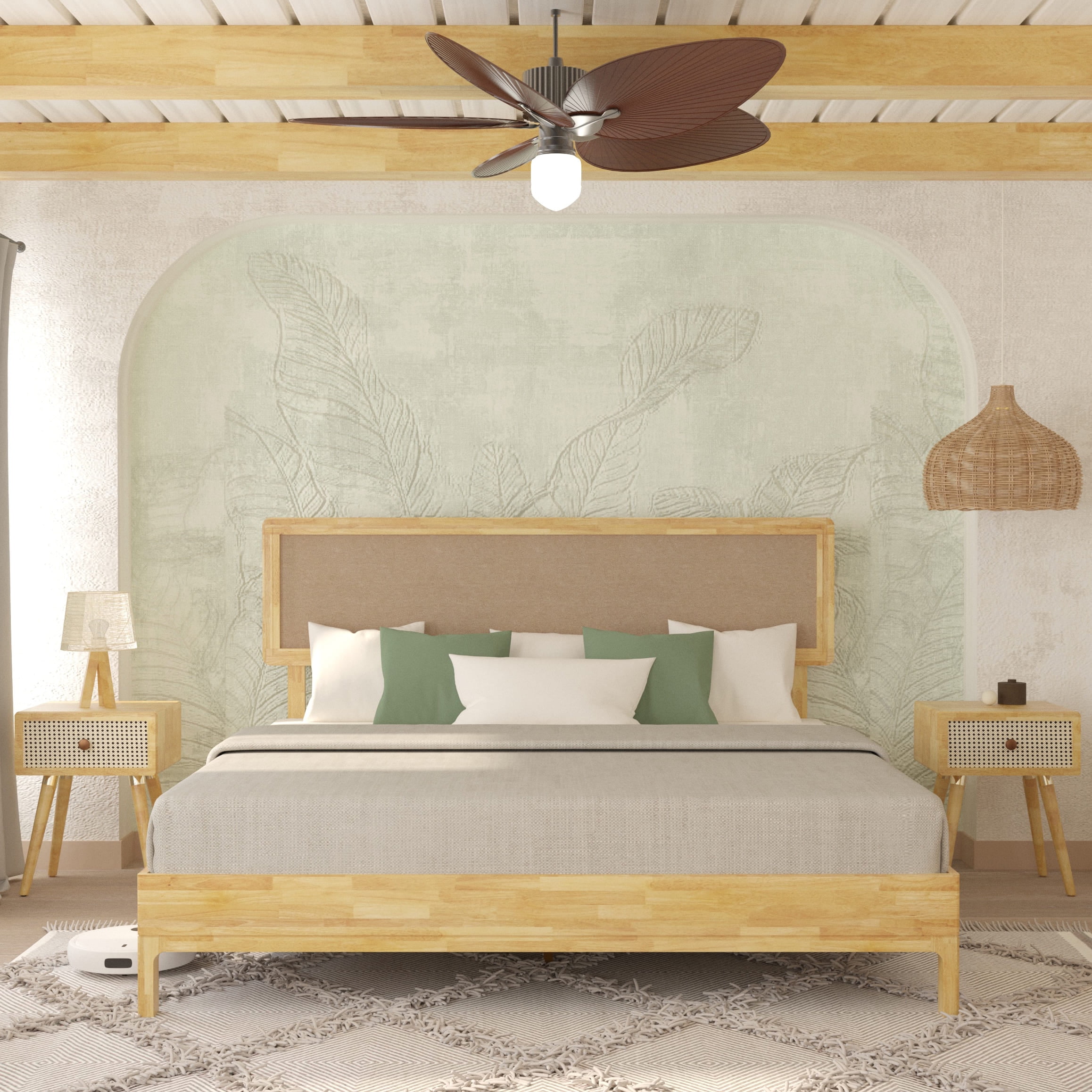Grace 47" King Size Platform Bed Frame with Adjustable Headboard, Bohemian, Solid Wood, Natural