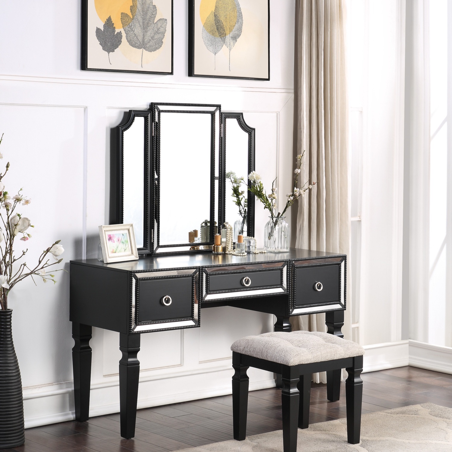 BMHUEDAP Luxurious Majestic Classic Color Vanity Set w Stool 3 Drawers