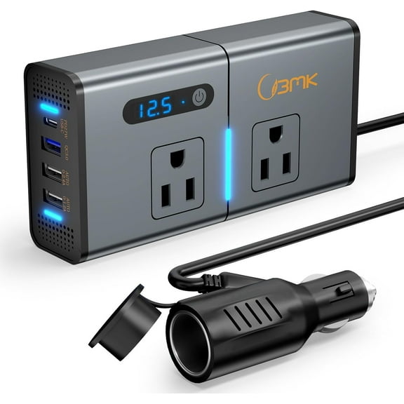 BMK 200W Car Power Inverter, 12V DC to 110V AC Plug Adapter Outlet Charger with LCD Display, 2 Outlets & 4 USB Ports (QC3.0 + Type-C PD), Inverter for Laptop, Tablet, Tesla