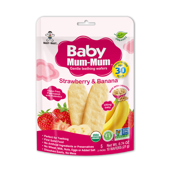 Baby Mum-Mum Organic Strawberry Banana Gentle Teething Wafers Baby Snack, 0.74 Oz Bag