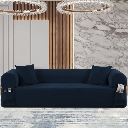 BMMB 82.6" Compression Floor Sofa,Folding Convertible Sleeper Sofa Bed with 2 Pillows & Side Pockets,Boneless Couch in A Box,Dark blue