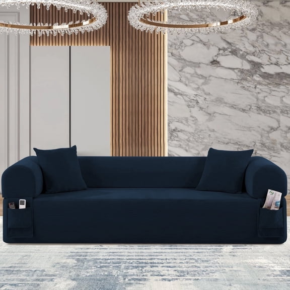 BMMB 82.6" Compression Floor Sofa,Folding Convertible Sleeper Sofa Bed with 2 Pillows & Side Pockets,Boneless Couch in A Box,Dark blue