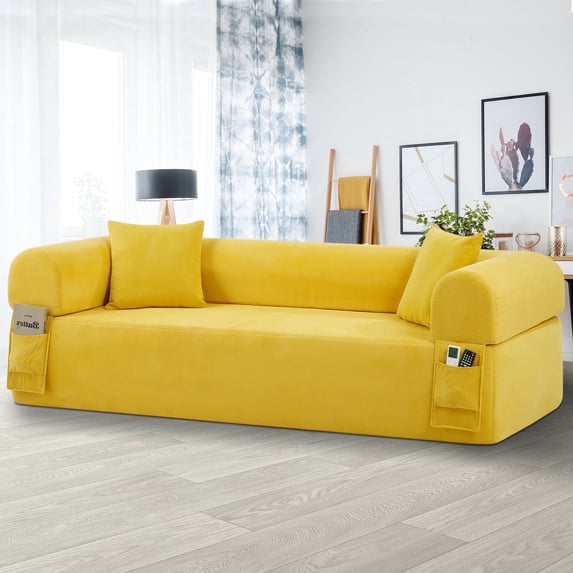 BMMB 82.6" Compression Floor Sofa,Folding Convertible Sleeper Sofa Bed with 2 Pillows & Side Pockets,Boneless Couch in A Box,Yellow