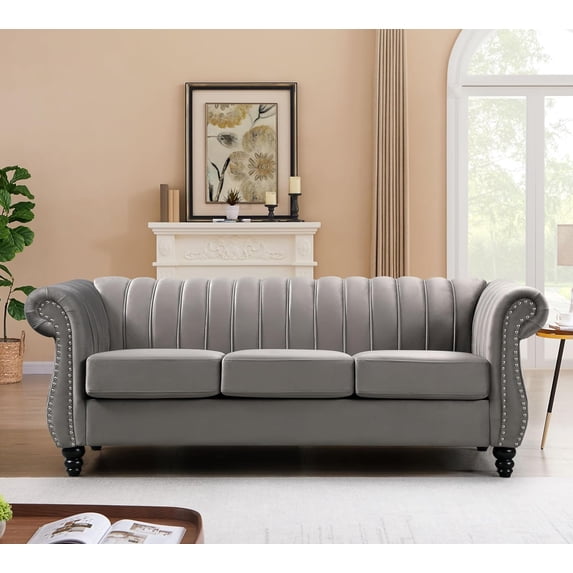 BMMB Chesterfield Upholstered Velvet 3 Seater Sofa with Nailhead Decoration Bent Handrail Adult
