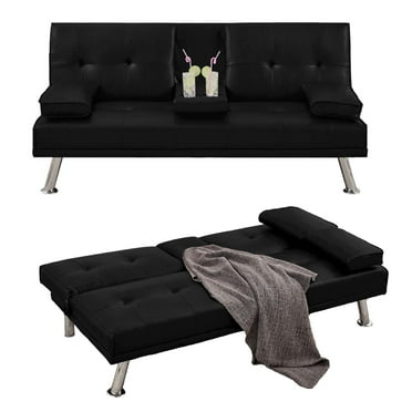 BMMB Convertible Futon Sofa Bed, PU Leather, Modern Upholstered Sleeper Couches 2 Cupholders Adult