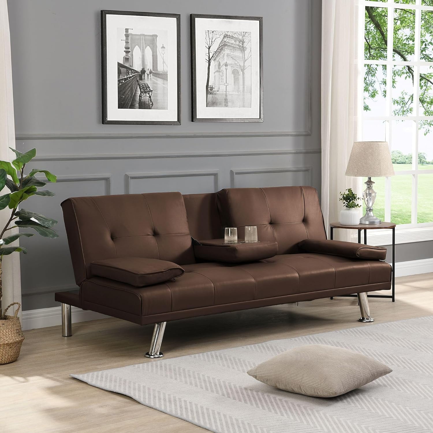BMMB Faux Leather Convertible Futon Sofa Bed Upholstered Modern Sleeper