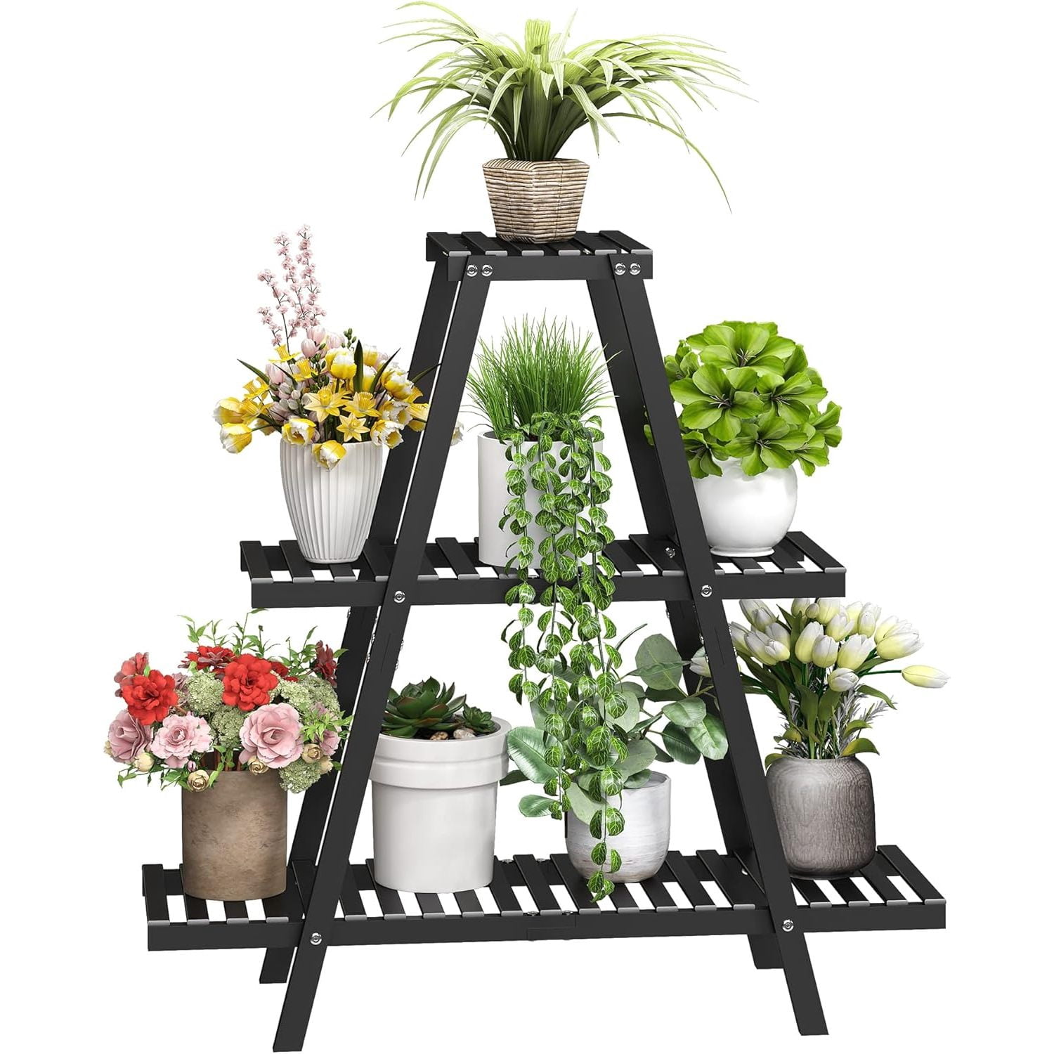 5/6 Tier Bamboo Plant Stand - Ladder Shelf For Indoor/Outdoor Flower Pots, Natural Wood Display Rack