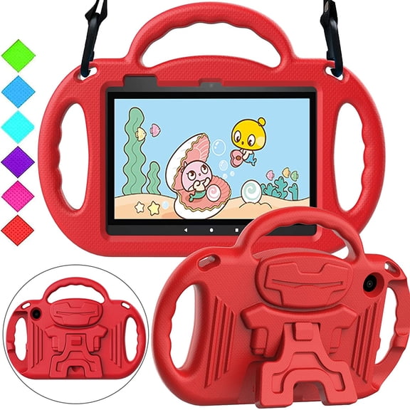 BMOUO All-New Fire 7 2022 Tablet Case (12th Generation,2022 Release), Fire 7 Tablet Case for Kids, with Shoulder Strap, Shockproof Light Weight Kids Case for Amazon fire 7 Tablet 7” Display 2022, Red