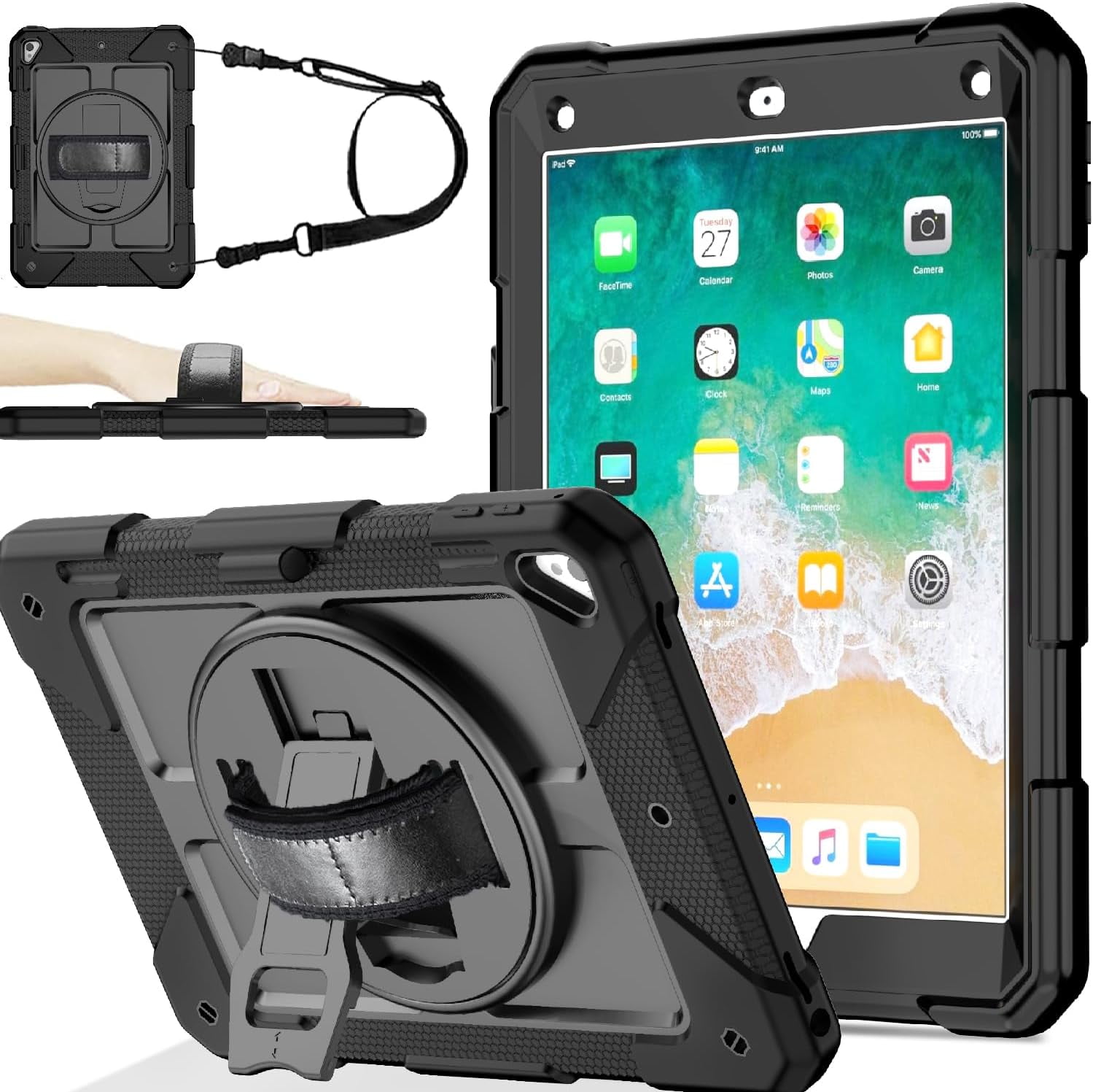 BMOUO BMOUO Case for iPad 6th/5th Generation Case (9.7 inch, 2018/2017), 360°Rotating Stand, Hand/Shoulder Strap Shockproof iPad 9.7” Case for iPad Air 2, Black