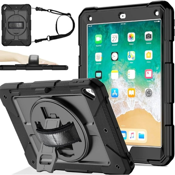 BMOUO BMOUO Case for iPad 6th/5th Generation Case (9.7 inch, 2018/2017), 360°Rotating Stand, Hand/Shoulder Strap Shockproof iPad 9.7” Case for iPad Air 2, Black