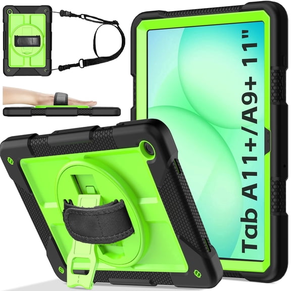 BMOUO Case for Samsung Galaxy Tab A11 Plus 11" 2026 / A9 Plus 11 Inch 2024,Protective Case Cover with 360° Rotating Stand and Hand / Shoulder Strap for Tab A11+ / A9+ Inch , Black+Green