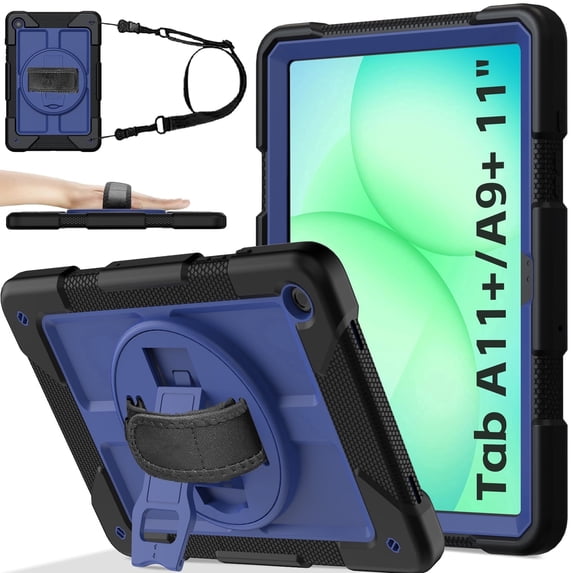 BMOUO Case for Samsung Galaxy Tab A11 Plus 11" 2026 / A9 Plus 11 Inch 2024,Protective Case Cover with 360° Rotating Stand and Hand / Shoulder Strap for Tab A11+ / A9+ Inch , Black+Navy Blue