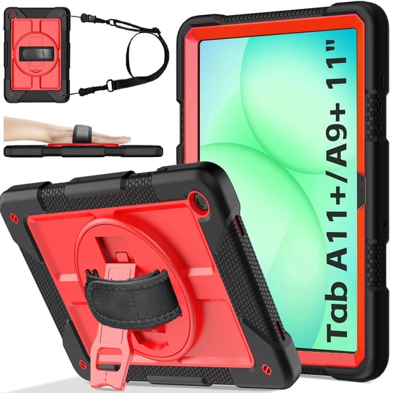 BMOUO Case for Samsung Galaxy Tab A11 Plus 11" 2026 / A9 Plus 11 Inch 2024,Protective Case Cover with 360° Rotating Stand and Hand / Shoulder Strap for Tab A11+ / A9+ Inch , Black+Red