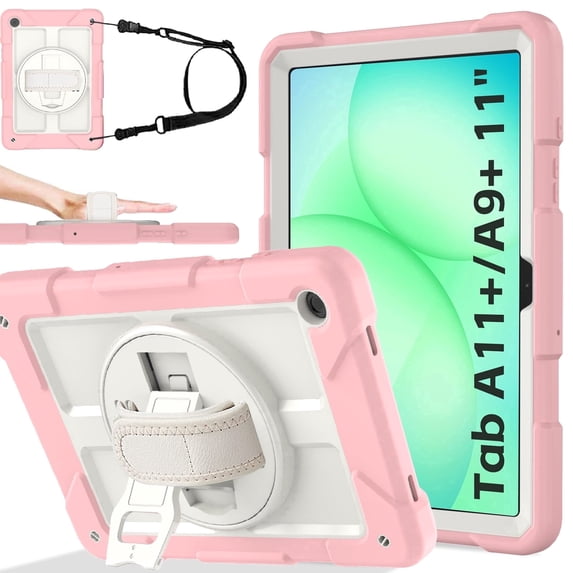 BMOUO Case for Samsung Galaxy Tab A11 Plus 11" 2026 / A9 Plus 11 Inch 2024,Protective Case Cover with 360° Rotating Stand and Hand / Shoulder Strap for Tab A11+ / A9+ Inch , Pink