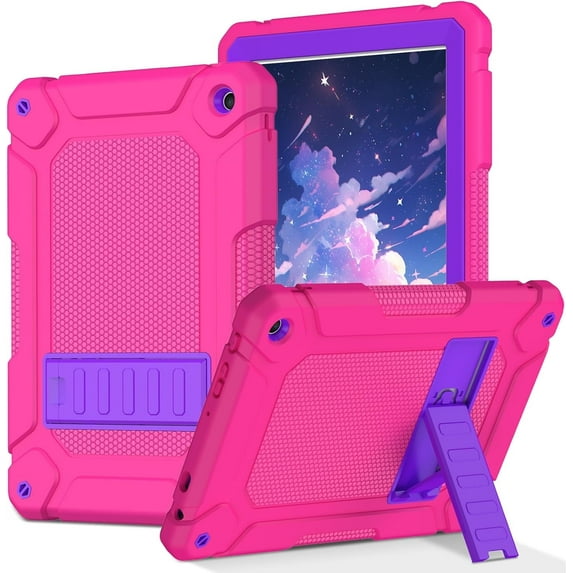 BMOUO Case for All-New Amazon Fire HD 10 Tablet (13th Generation 10.1", 2023 Release), Layer Duty Shockproof Rugged Case with Kickstand, Rose+Purple