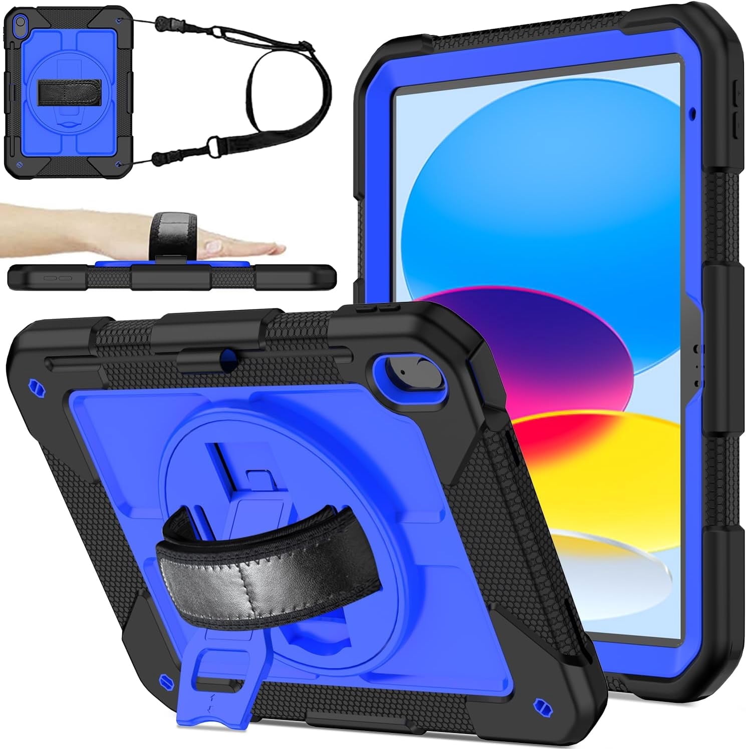 BMOUO Case for iPad (A16) 11th Generation 11" 2025/iPad 10th Generation 10.9 inch 2022, 360 Rotating Stand & Pencil Holder & Hand & Shoulder Strap Shockproof iPad 11th/10th Generation Case, Blue