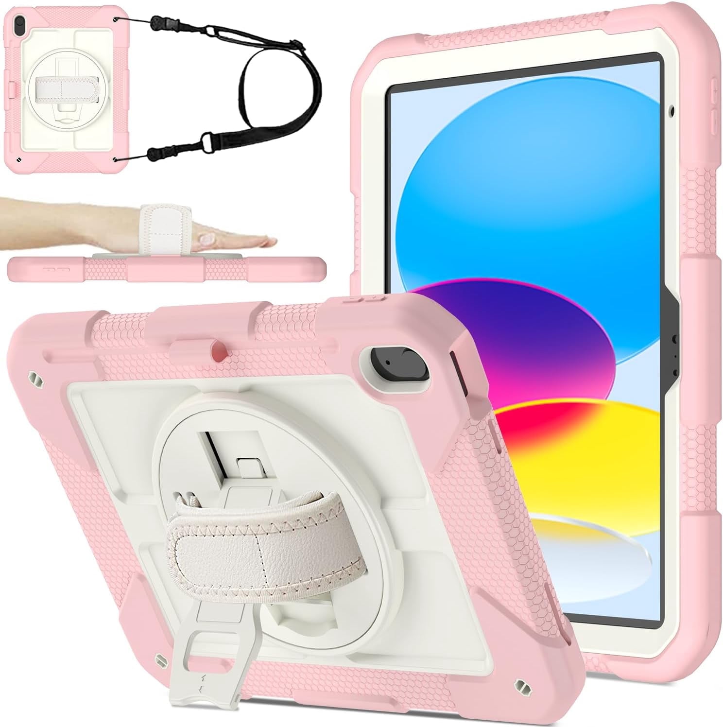 BMOUO Case for iPad (A16) 11th Generation 11" 2025/iPad 10th Generation 10.9 inch 2022, 360 Rotating Stand & Pencil Holder & Hand & Shoulder Strap Shockproof iPad 11th/10th Generation Case, Pink