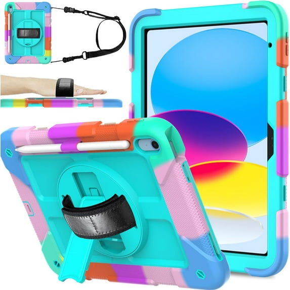 BMOUO Case for iPad (A16) 11th Generation 11" 2025/iPad 10th Generation 10.9 inch 2022, 360 Rotating Stand & Pencil Holder & Hand & Shoulder Strap Shockproof iPad 11th/10th Generation Case, Teal