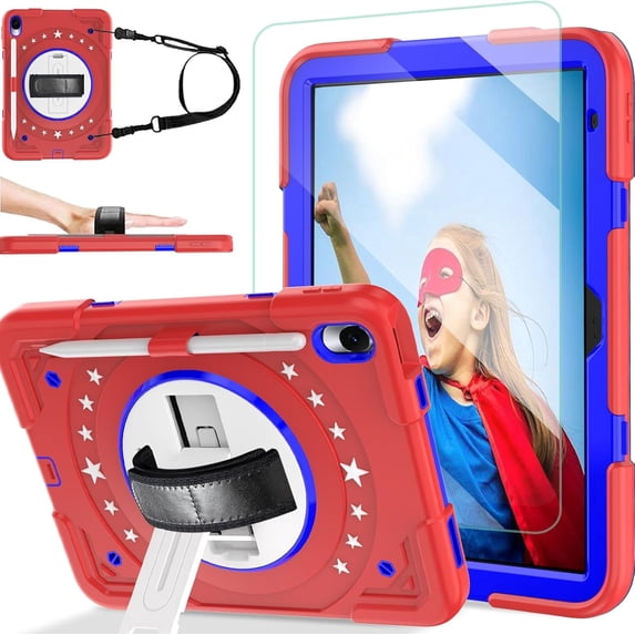 BMOUO Case for iPad 11th Generation (A16) 11 Inch 2025 / iPad 10th Generation 10.9" 2022 Protective Case with Screen Protector 360°Rotating Stand and Hand / Shoulder Strap, Red+Blue