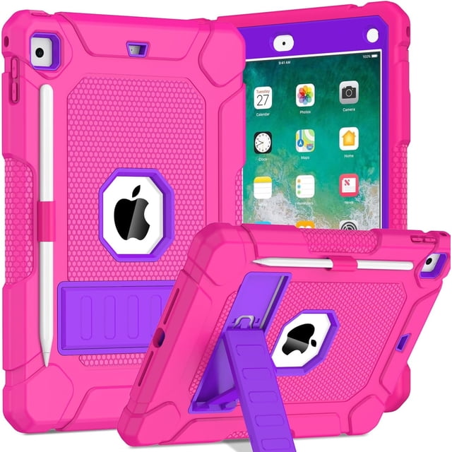BMOUO Case for iPad 6th 5th Generation (9.7 inch, 2018/2017), Shockproof Protective iPad 9.7 Case with Built-in Stand/Pencil Holder for iPad 6th/5th Gen, Air 2,Rose+Purple