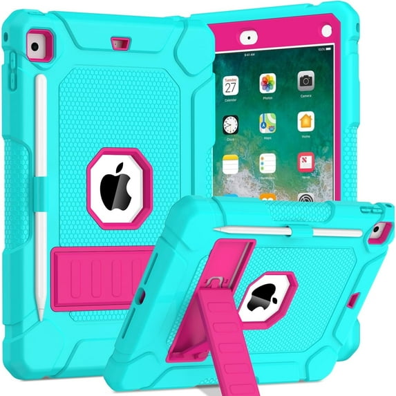 BMOUO Case for iPad 6th 5th Generation (9.7 inch, 2018/2017), Shockproof Protective iPad 9.7 Case with Built-in Stand/Pencil Holder for iPad 6th/5th Gen, Air 2,Teal+Rose