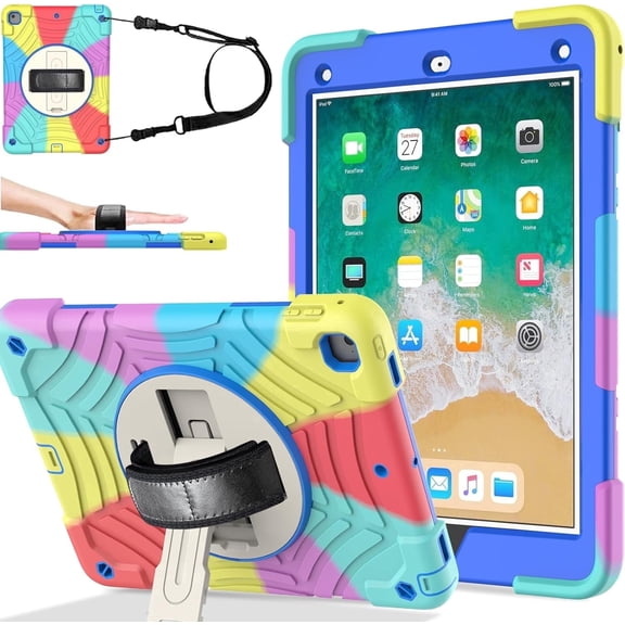 BMOUO Case for iPad 9.7 2018/2017/iPad Air 2-Built-in Screen Protector 360 Rotating Stand & Hand & Shoulder Strap Kids Case for iPad 9.7 Inch 2018 (6th Generation)/2017 (5th Gen)/Air 2, Colorful