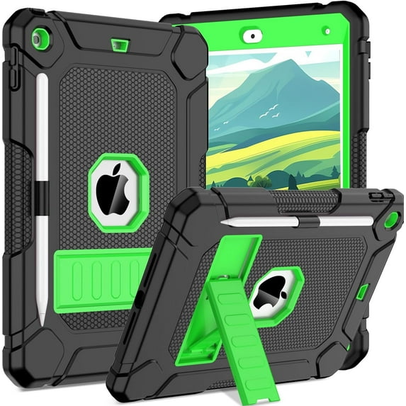 BMOUO Case for iPad 9th 8th 7th Generation (10.2 inch, 2021/2020/2019), Shockproof Protective iPad 10.2 Case with Built-in Stand/Pencil Holder, Black+Green