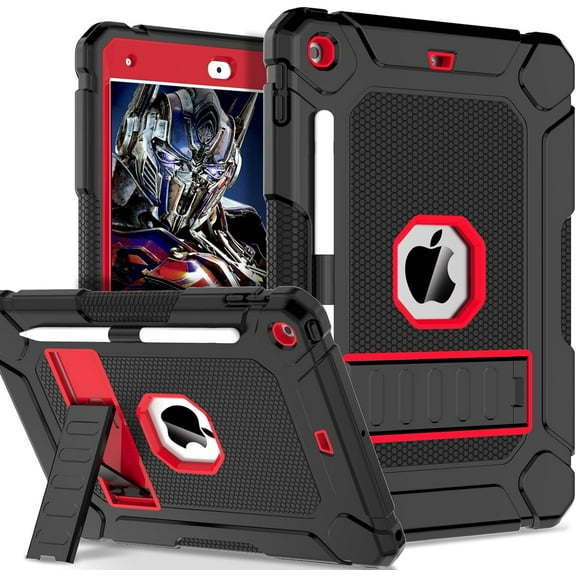 BMOUO Case for iPad 9th 8th 7th Generation (10.2 inch, 2021/2020/2019), Shockproof Protective iPad 10.2 Case with Built-in Stand/Pencil Holder, Black+Red